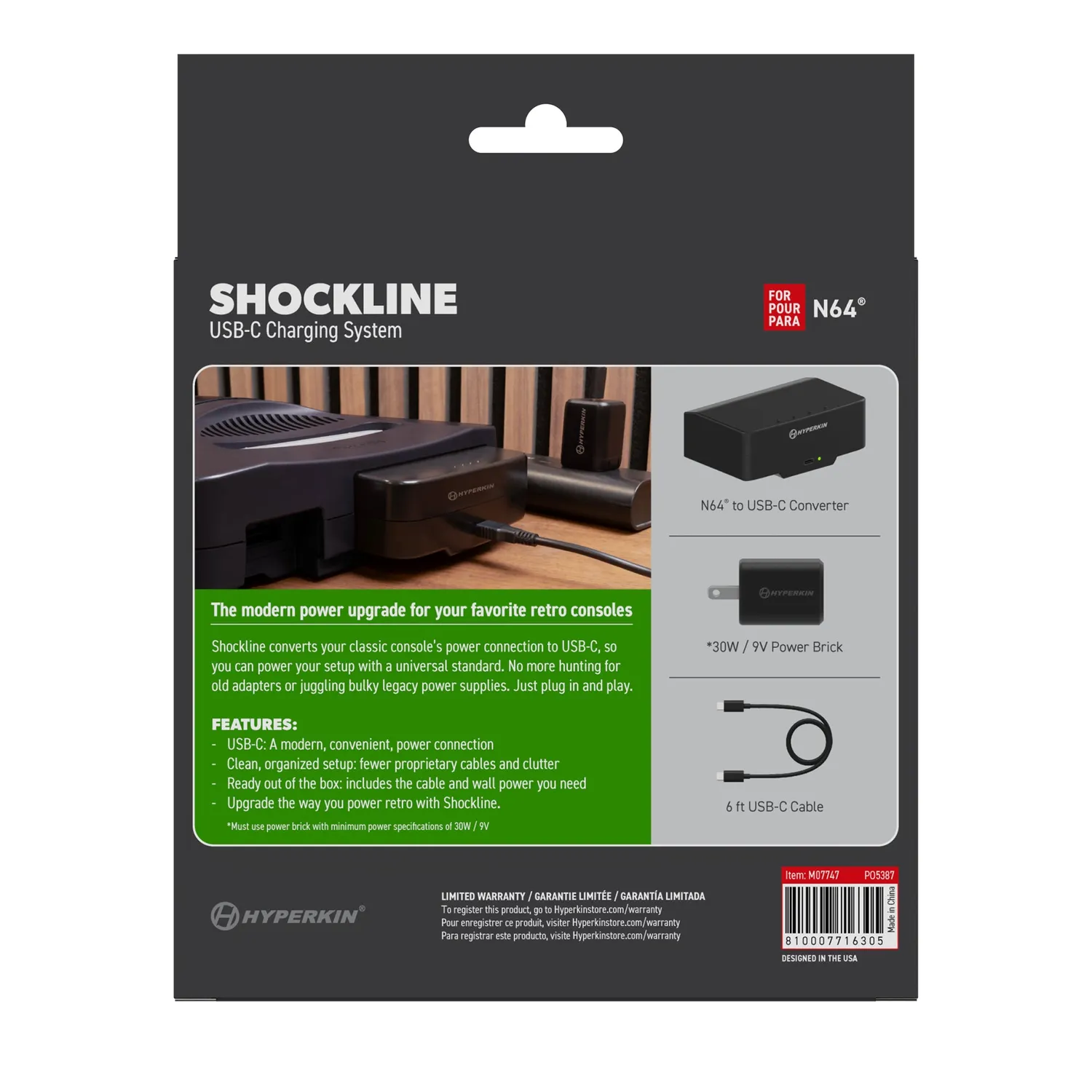 Hyperkin ShockLine N64 USB-C Voeding 30W 9V