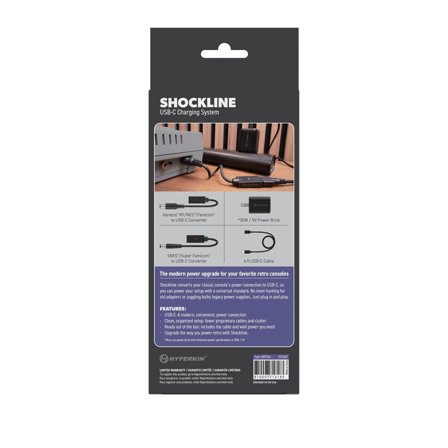 Hyperkin ShockLine USB-C voeding 30W/9V NES SNES